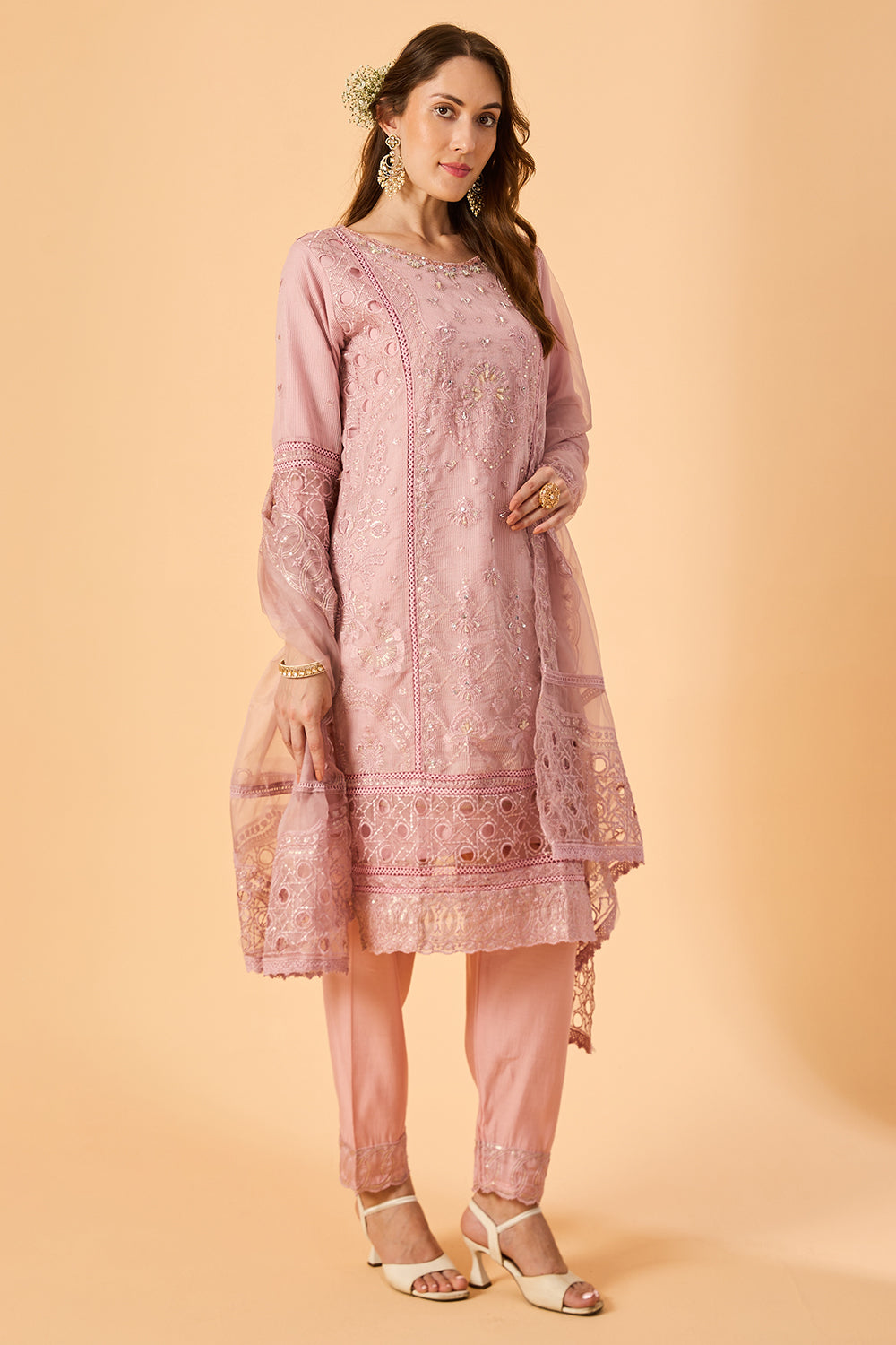 dhartii  Lilac Pink Ethnic Embroidered Organza Suit Set
