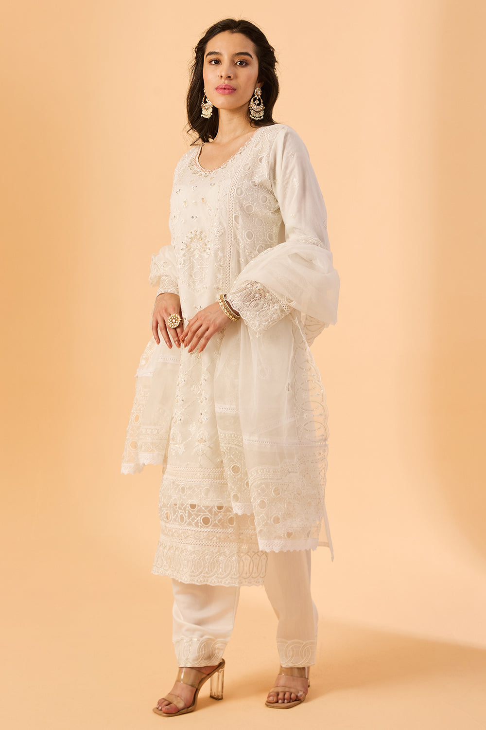 dhartii  Off- white Elegance Embroidered Organza Suit Set