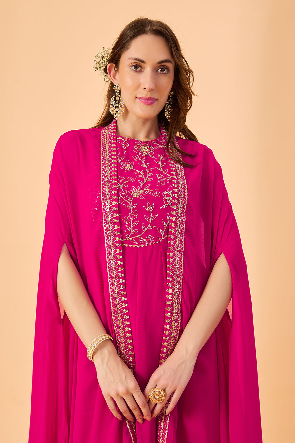 dhartii  Fuchsia Pink Aura Georgette Embroidered Fusion Set