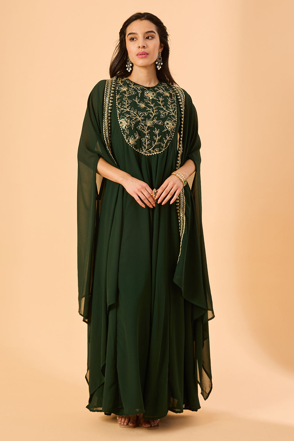 dhartii Dark green Embroidered Georgette Fusion Set