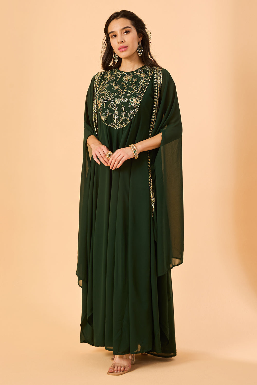 dhartii Dark green Embroidered Georgette Fusion Set