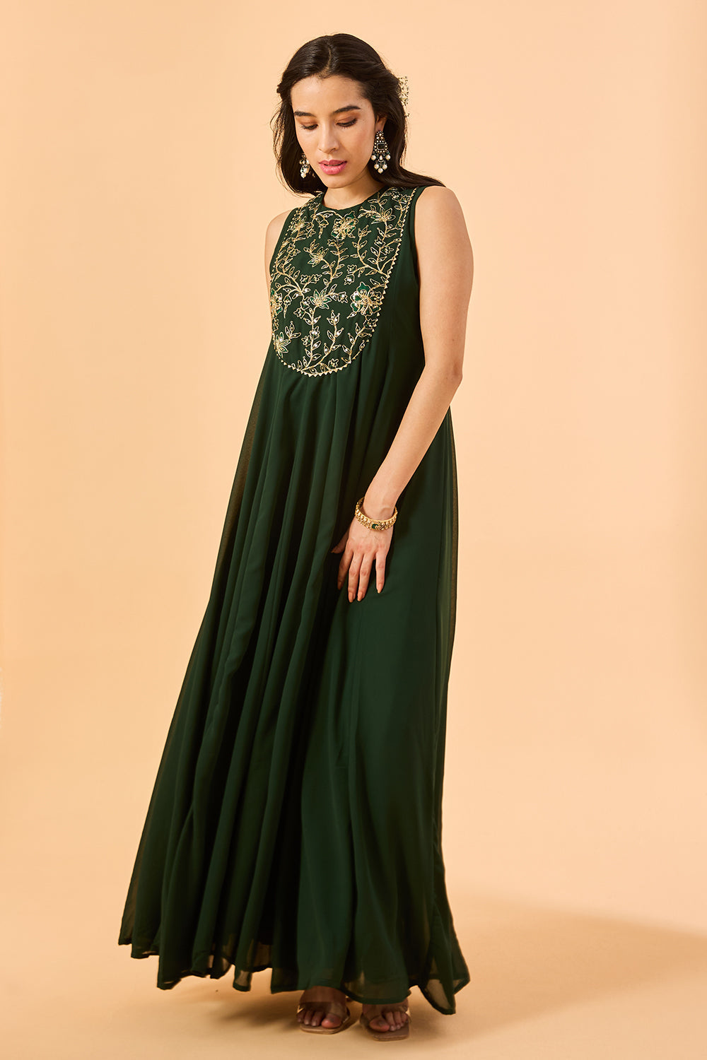 dhartii Dark green Embroidered Georgette Fusion Set