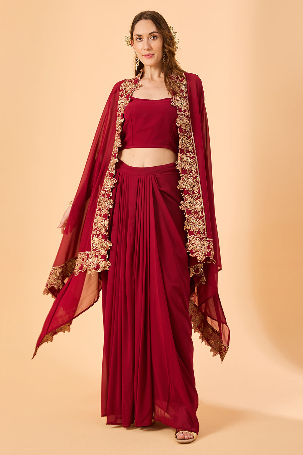 dhartii  Burgundy Embroidered Georgette Fusion Set