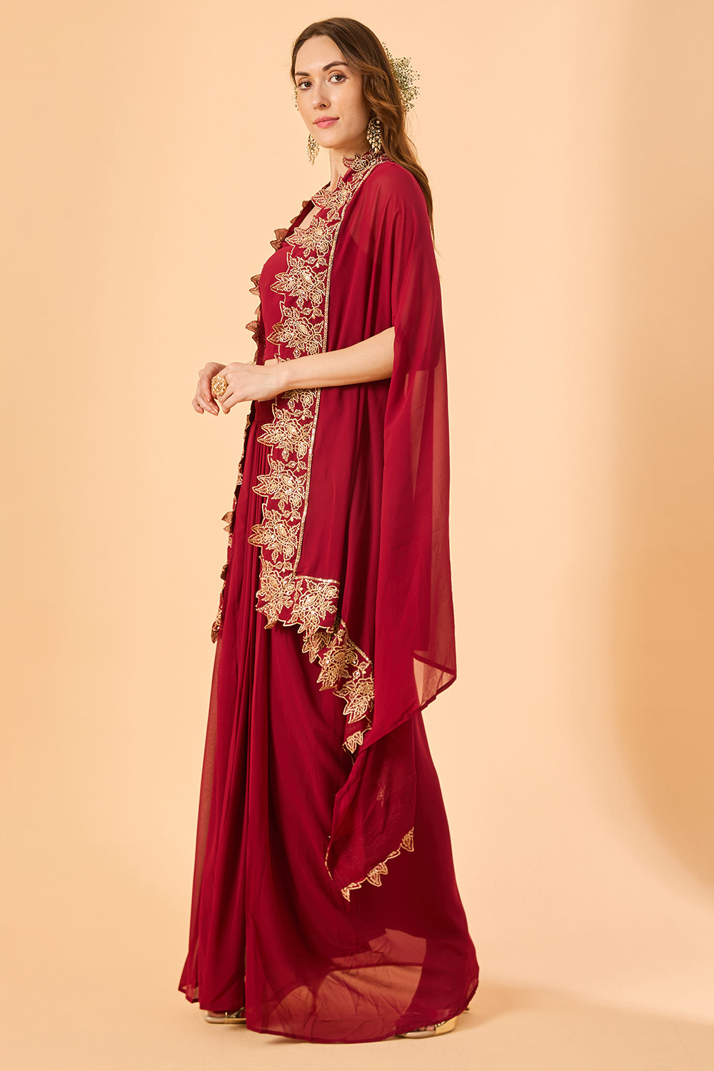 dhartii  Burgundy Embroidered Georgette Fusion Set