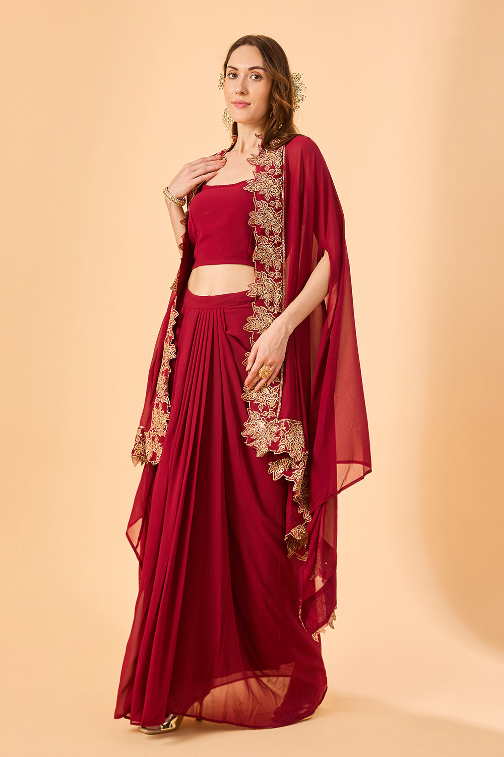 dhartii  Burgundy Embroidered Georgette Fusion Set