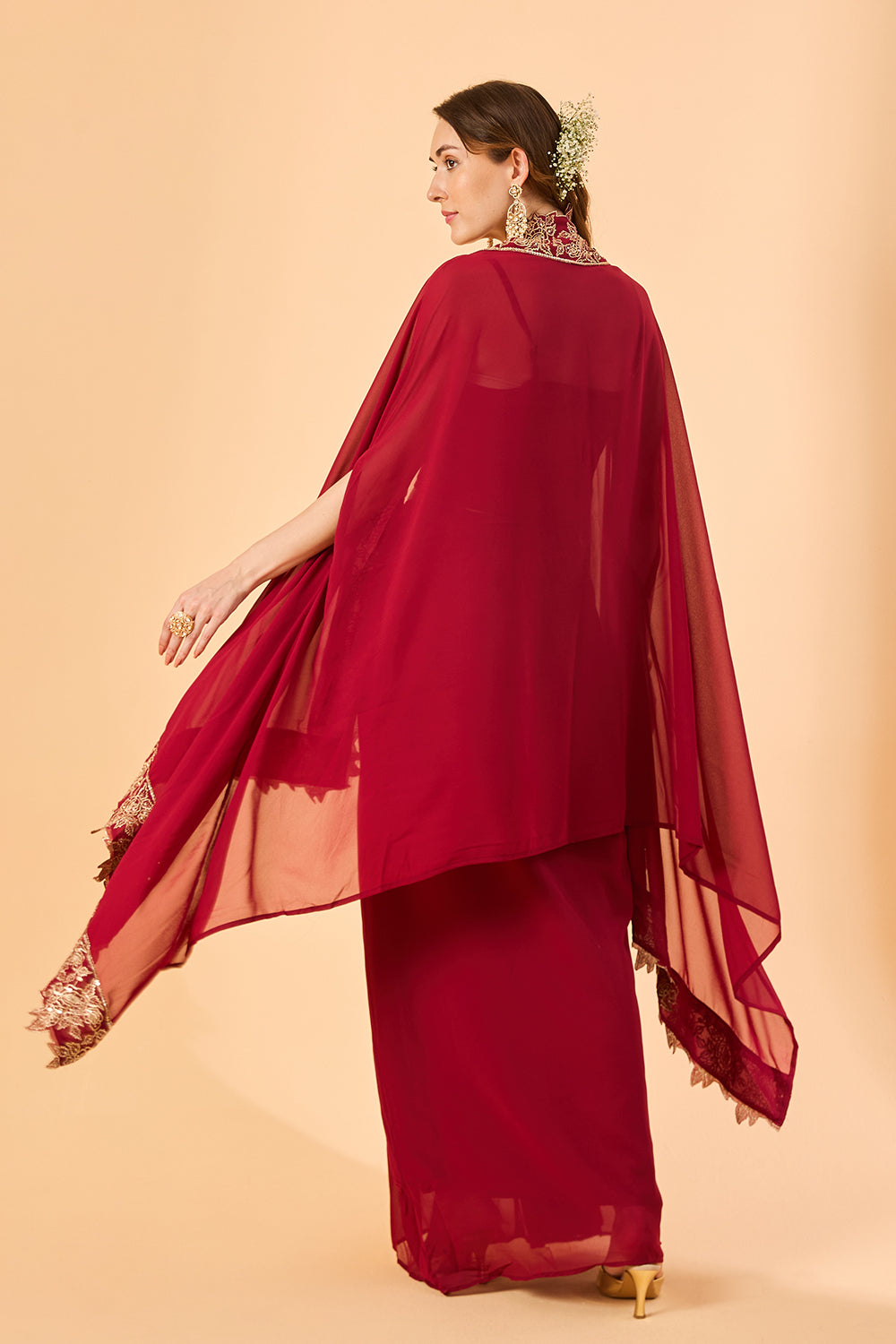 dhartii  Burgundy Embroidered Georgette Fusion Set