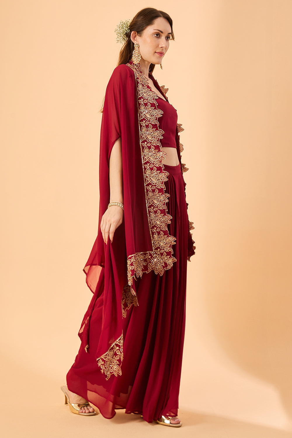 dhartii  Burgundy Embroidered Georgette Fusion Set