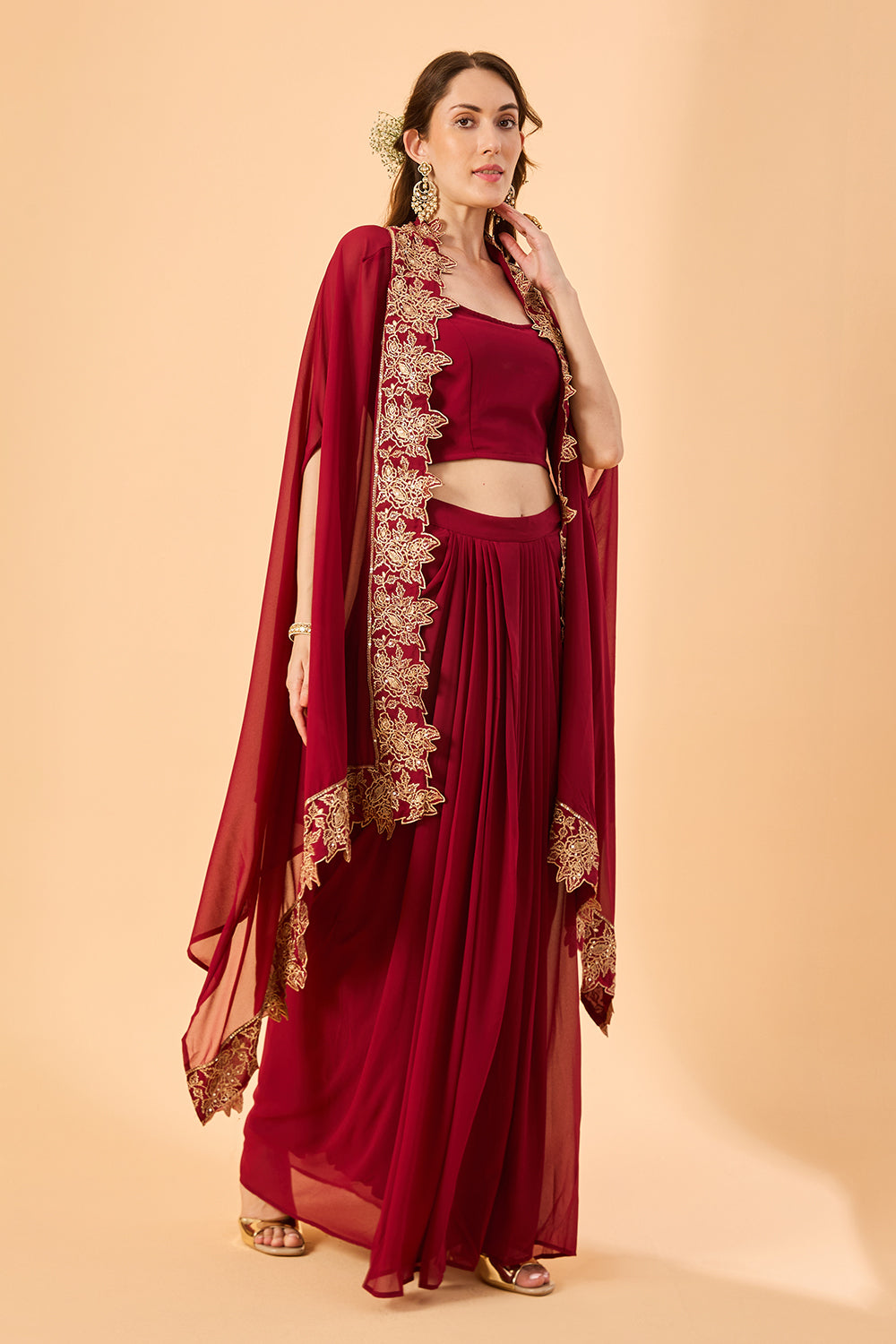 dhartii  Burgundy Embroidered Georgette Fusion Set