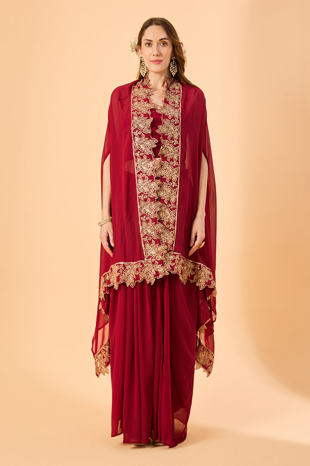dhartii  Burgundy Embroidered Georgette Fusion Set