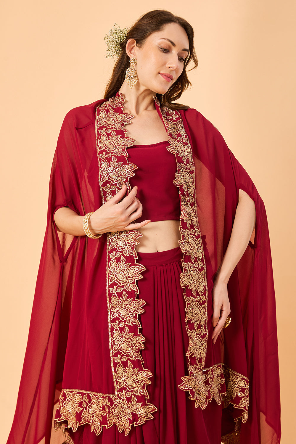 dhartii  Burgundy Embroidered Georgette Fusion Set