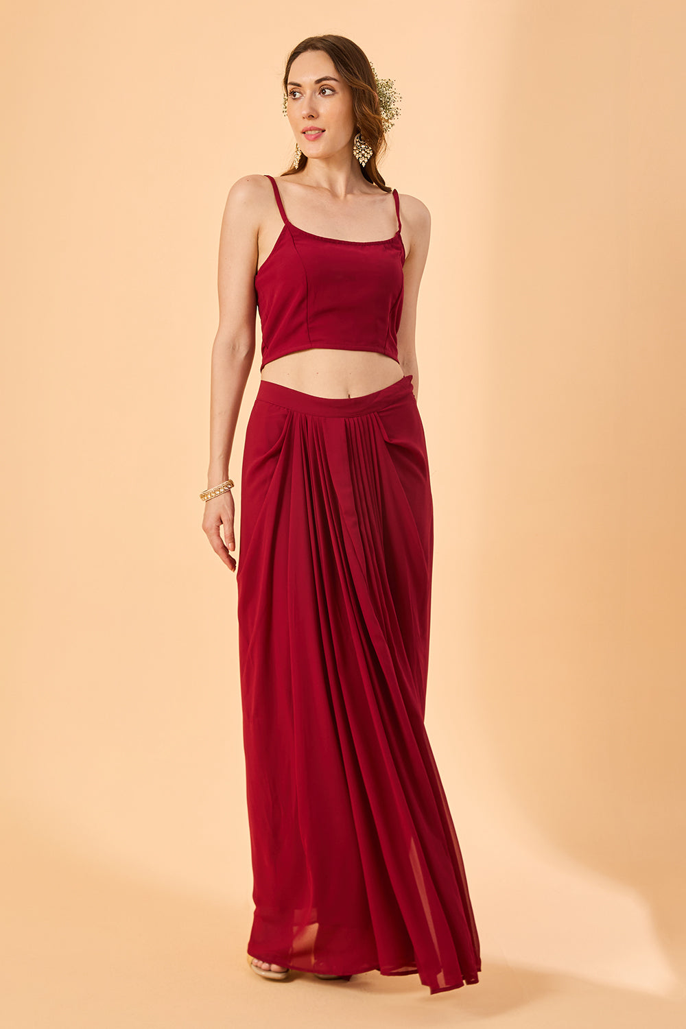 dhartii  Burgundy Embroidered Georgette Fusion Set
