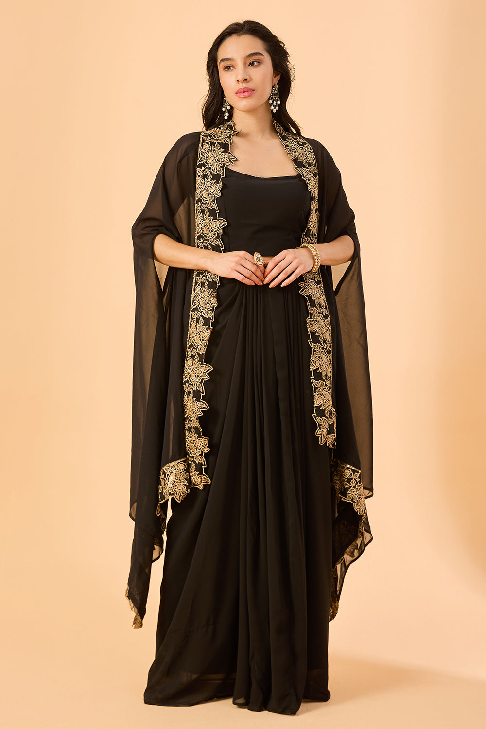 dhartii Black Embroidered Georgette Fusion Set