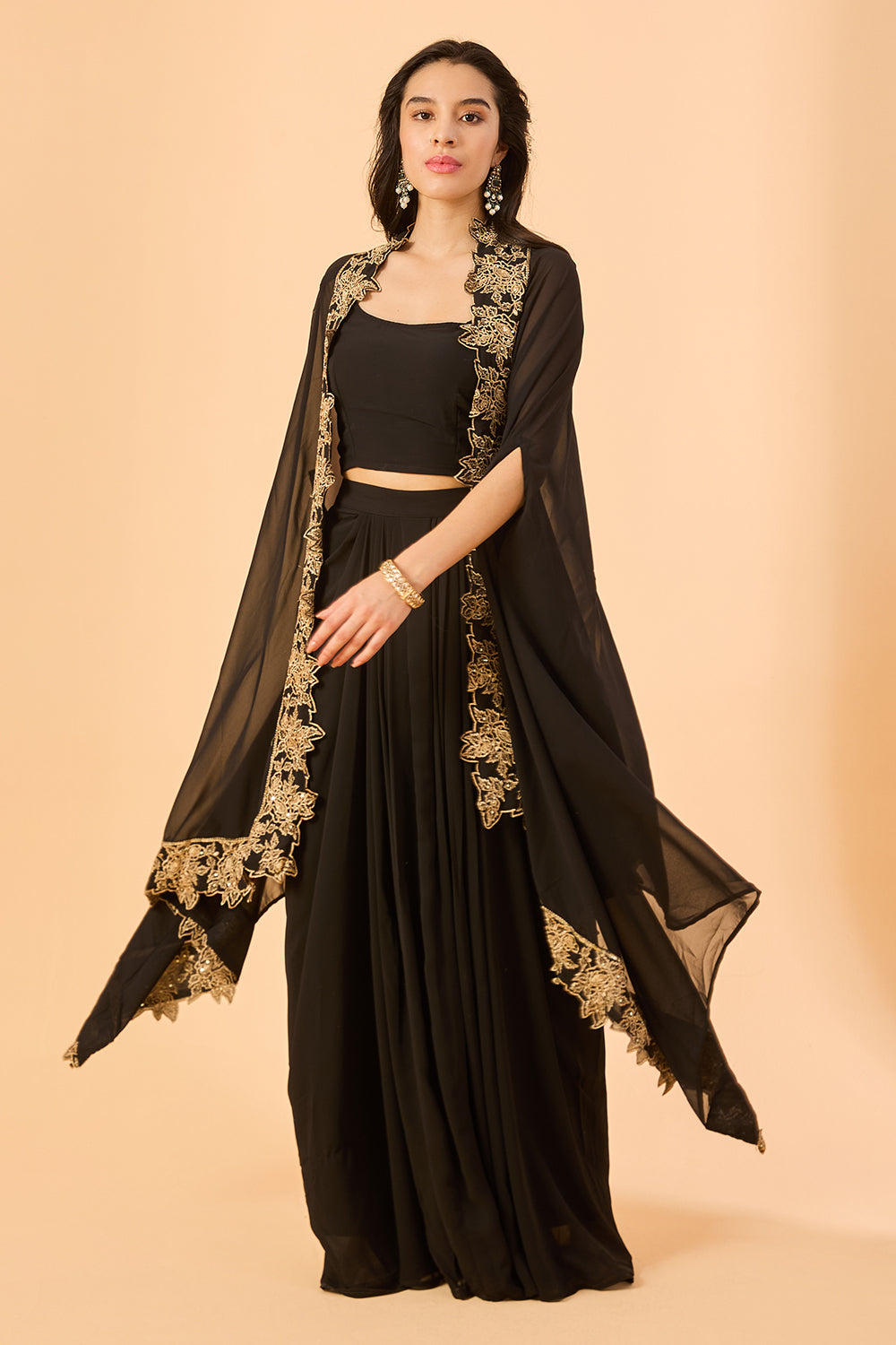 dhartii Black Embroidered Georgette Fusion Set