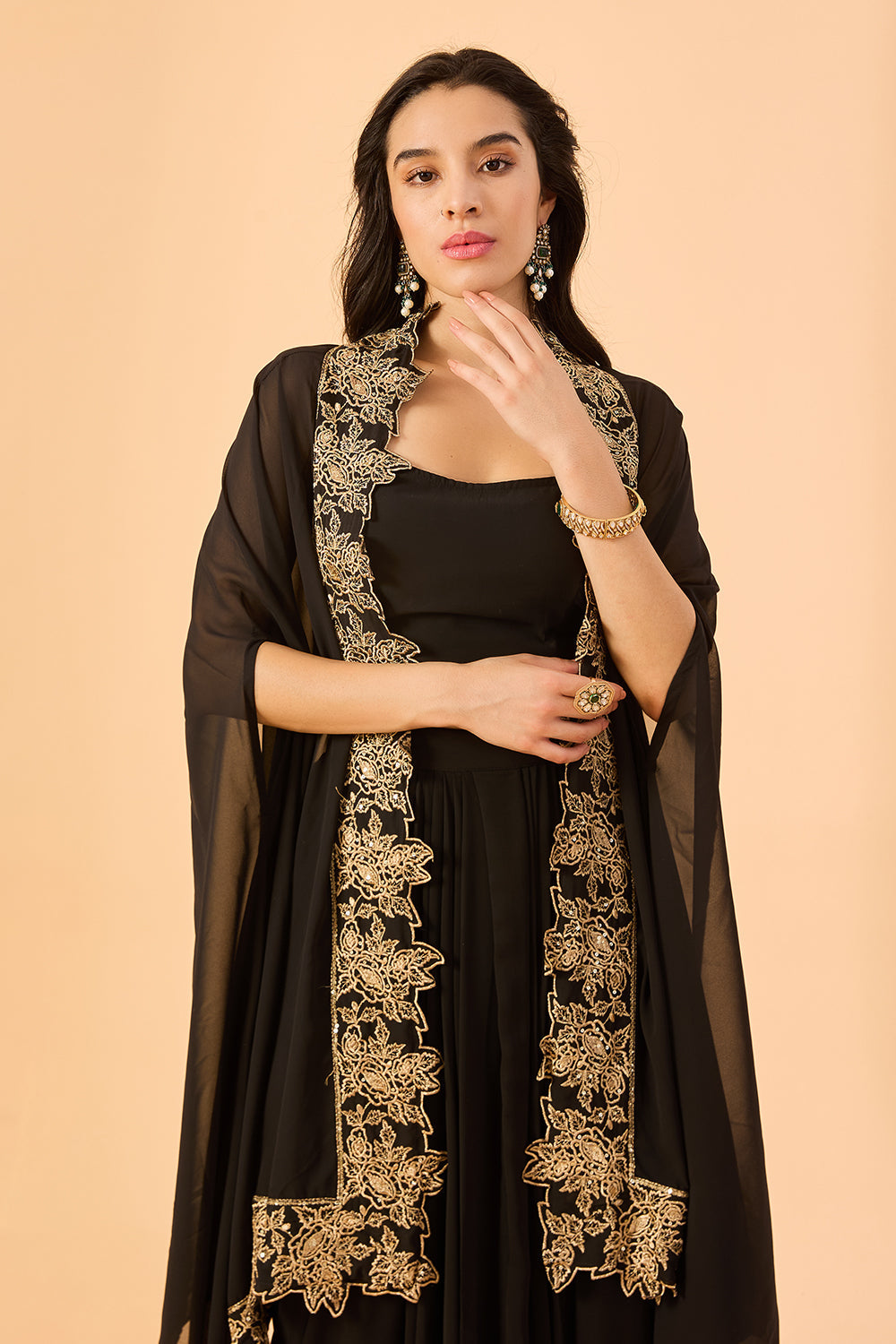 dhartii Black Embroidered Georgette Fusion Set