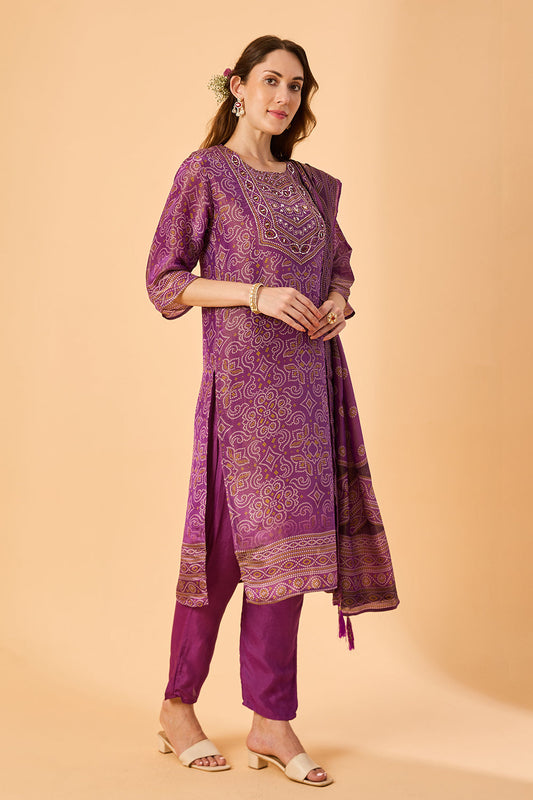dhartii Purple Embroidered Silk Tissue Suit Set