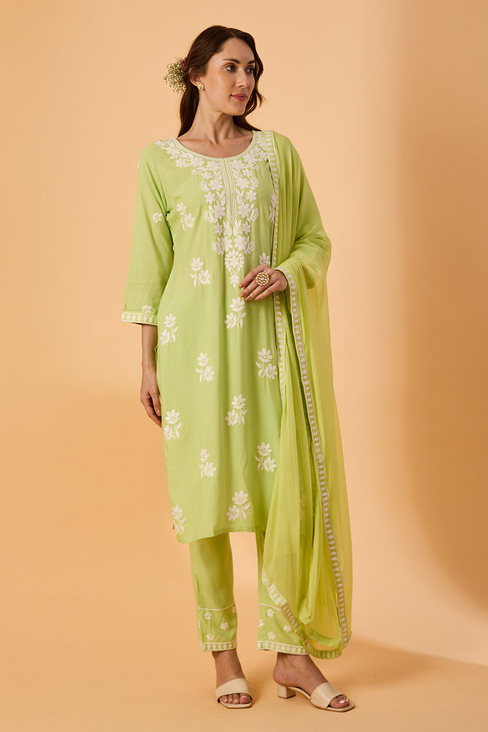dhartii  Elegant Green Embroidered Rayon Suit Set