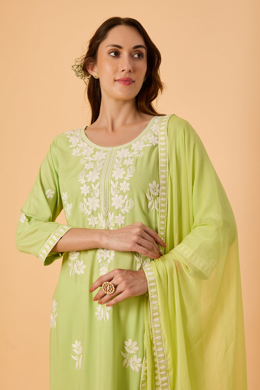 dhartii  Elegant Green Embroidered Rayon Suit Set