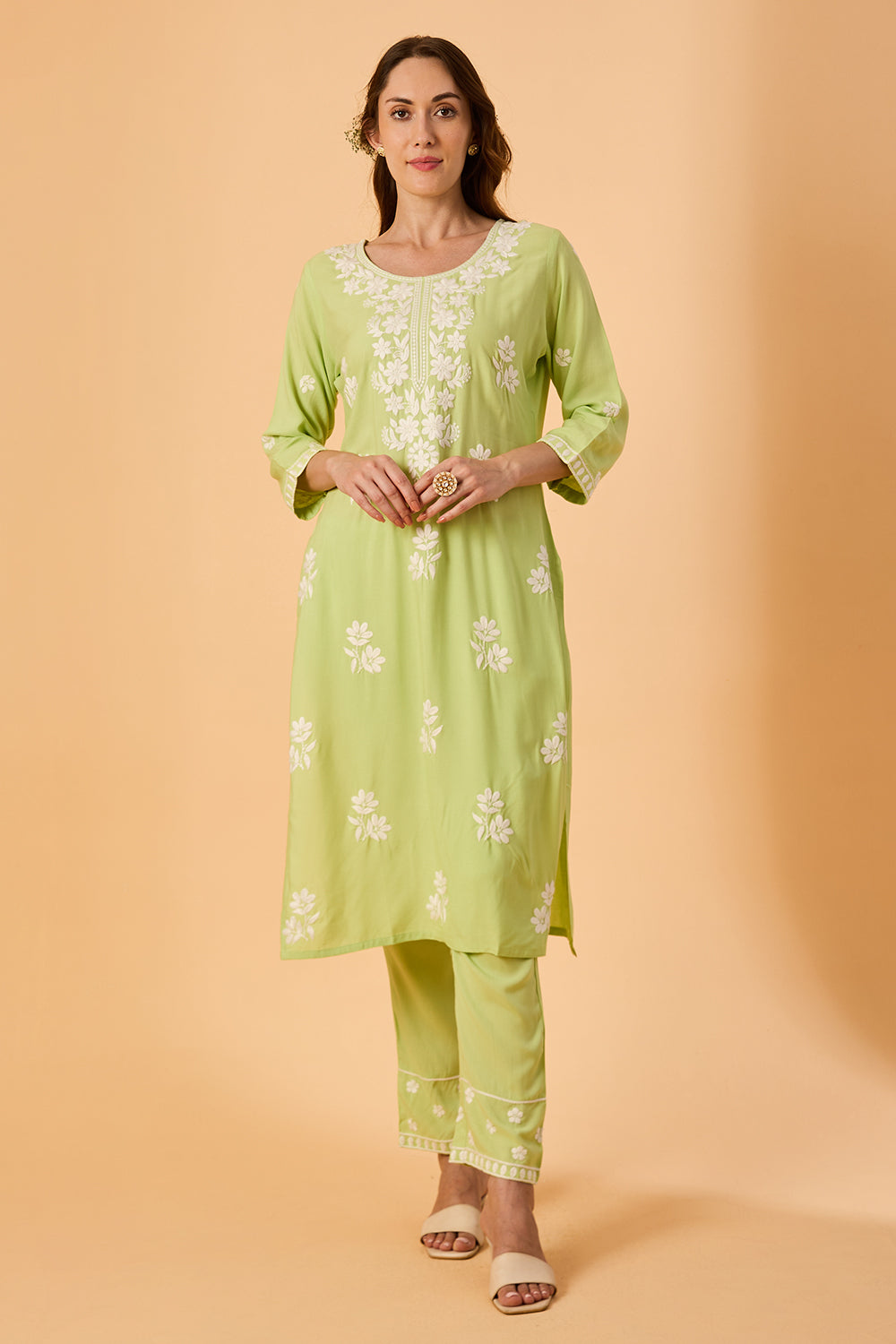 dhartii  Elegant Green Embroidered Rayon Suit Set