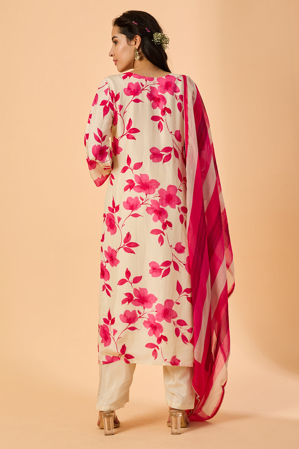 dhartii  Elegant pearl White Floral Silk Suit Set