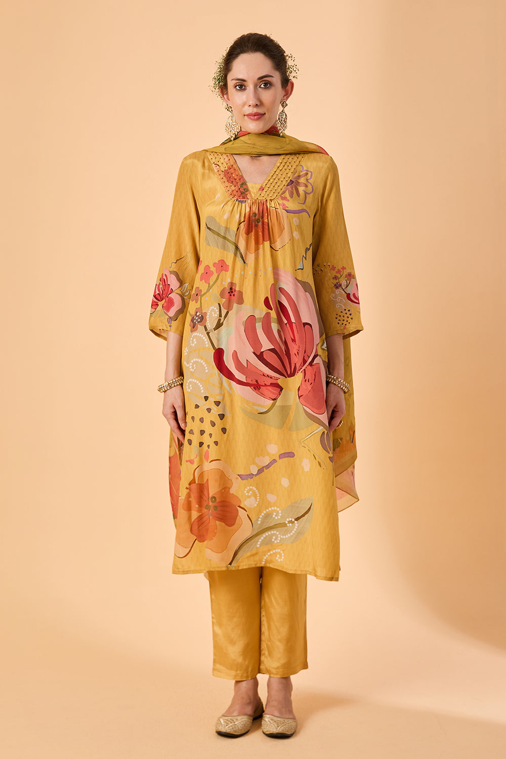 dhartii  Yellow Golden Haze Abstract floral printed Crepe Suit Set