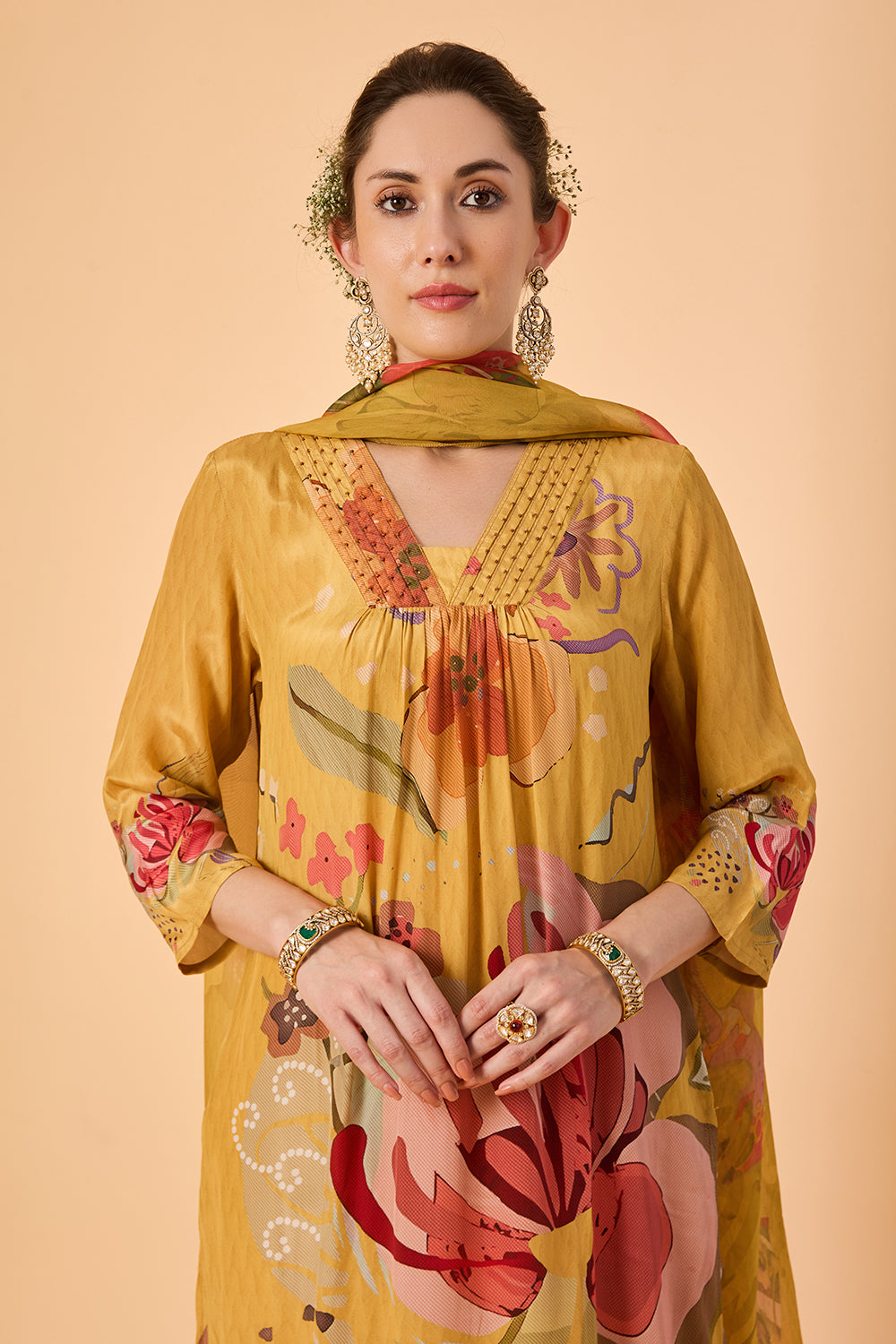 dhartii  Yellow Golden Haze Abstract floral printed Crepe Suit Set