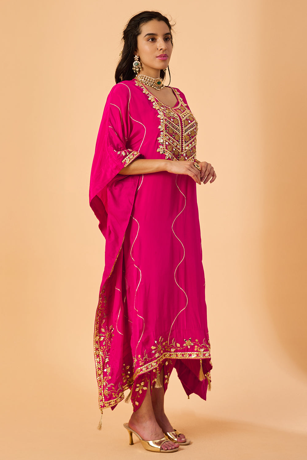 dhartii  Pink Embroidered Crepe Fusion Kaftan Set