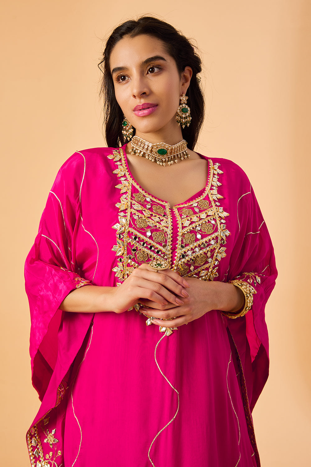 dhartii  Pink Embroidered Crepe Fusion Kaftan Set