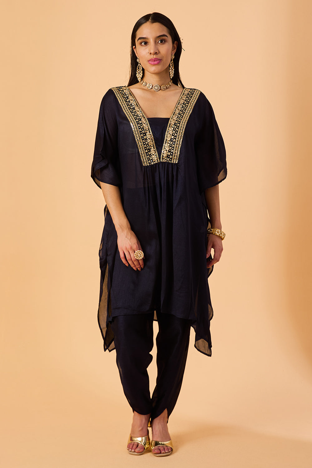 dhartii Navy Elegance Embroidered Silk Fusion set