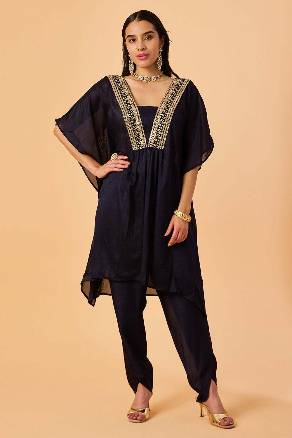 dhartii Navy Elegance Embroidered Silk Fusion set