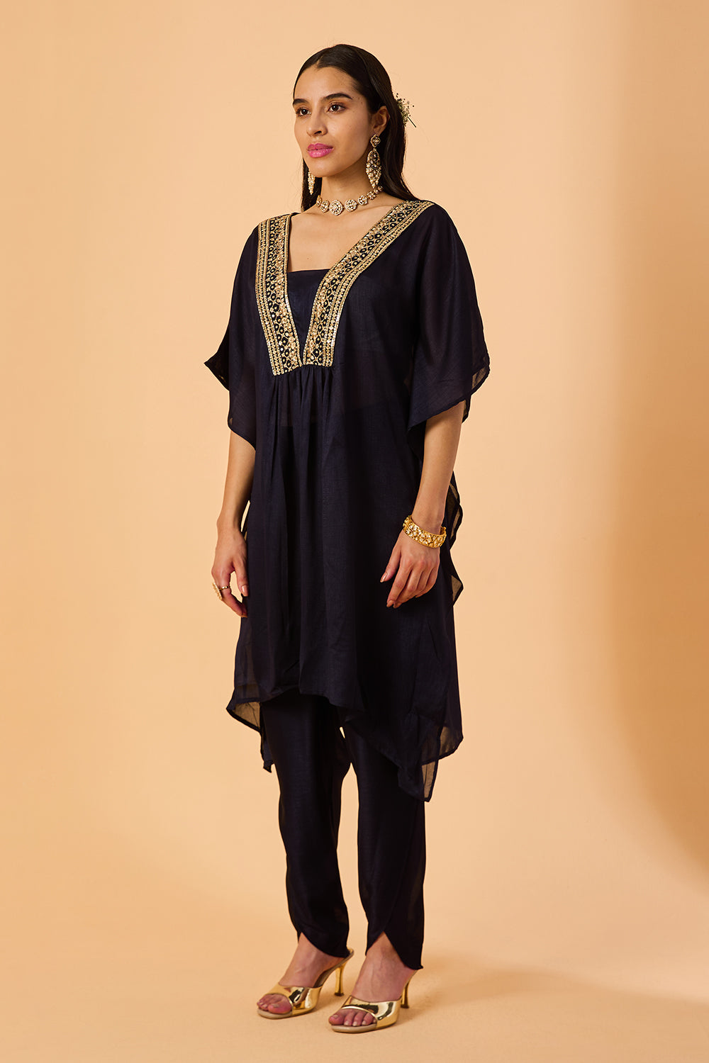 dhartii Navy Elegance Embroidered Silk Fusion set