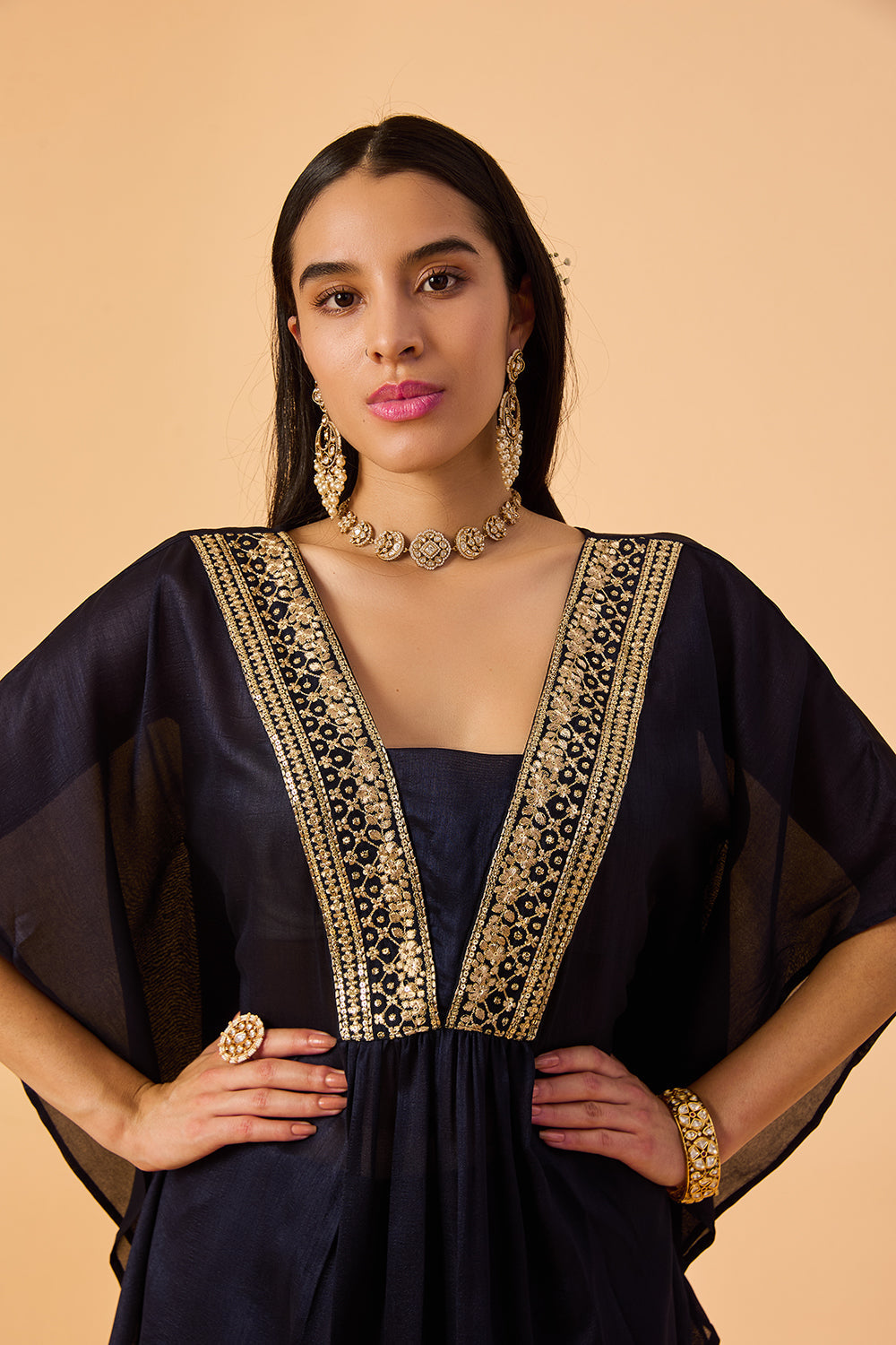 dhartii Navy Elegance Embroidered Silk Fusion set