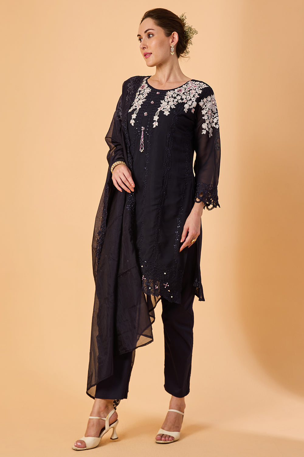 dhartii  Navy Blue Machine Embroidery Ethnic  Georgette Suit Set
