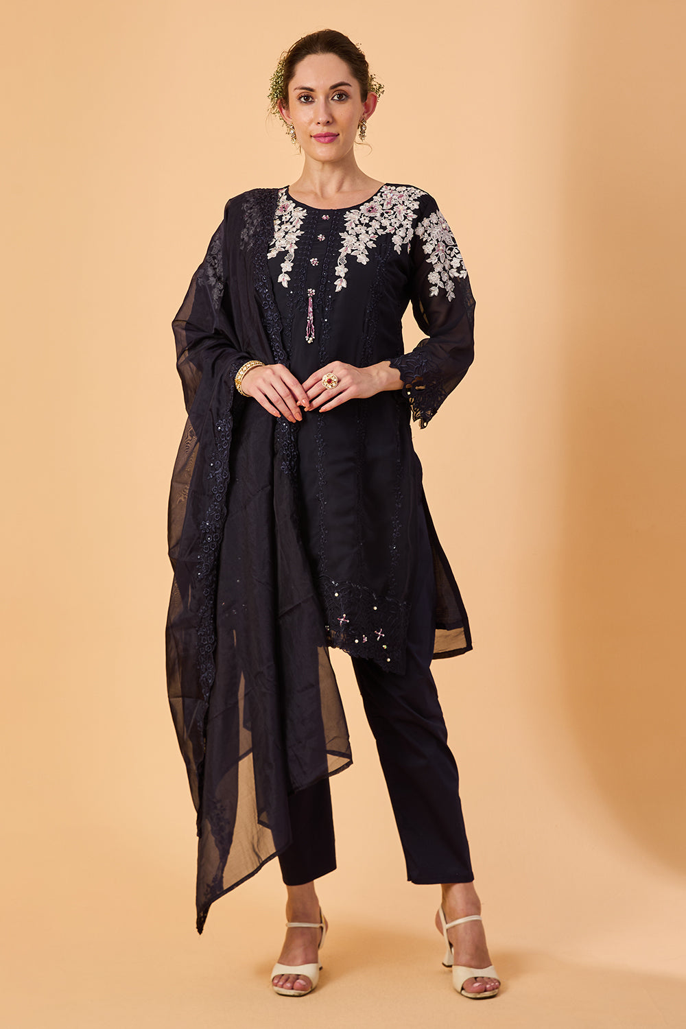 dhartii  Navy Blue Machine Embroidery Ethnic  Georgette Suit Set