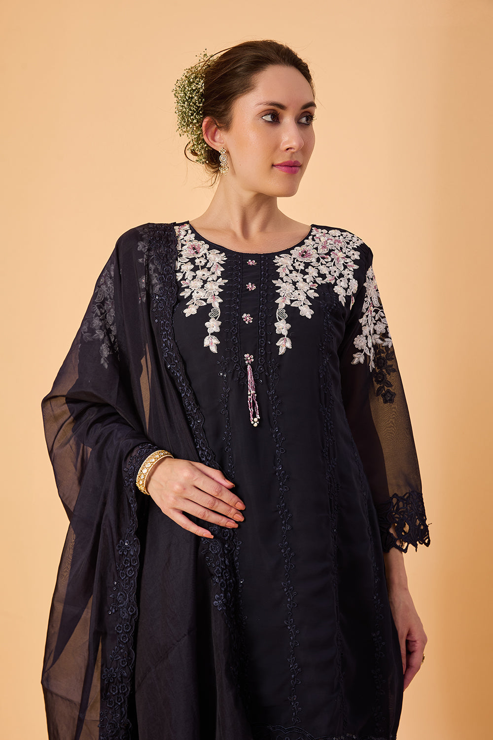 dhartii  Navy Blue Machine Embroidery Ethnic  Georgette Suit Set