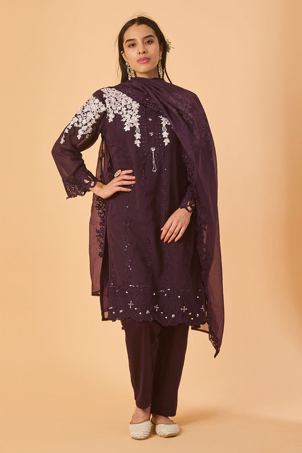 dhartii  Deep Purple  Georgette Embroidered Ethnic Set