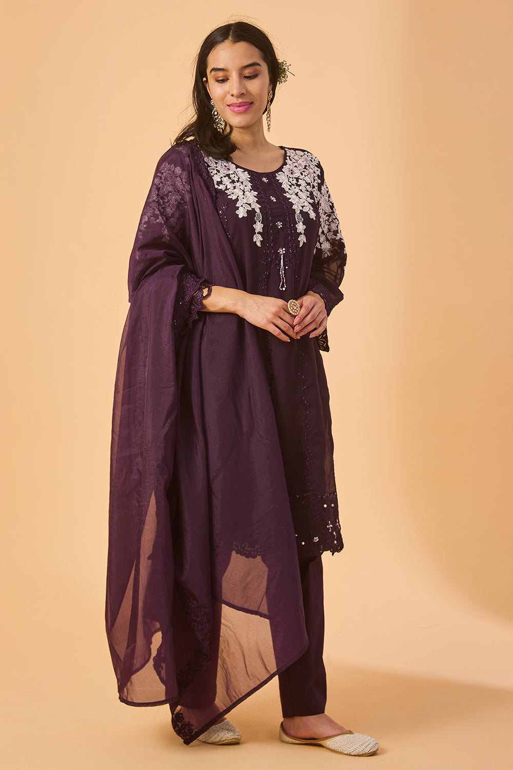 dhartii  Deep Purple  Georgette Embroidered Ethnic Set