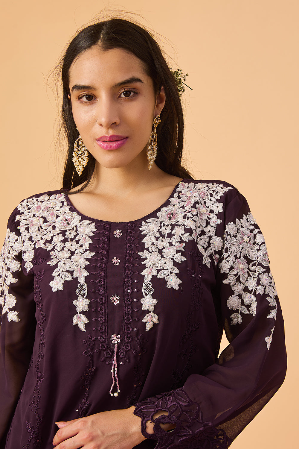 dhartii  Deep Purple  Georgette Embroidered Ethnic Set