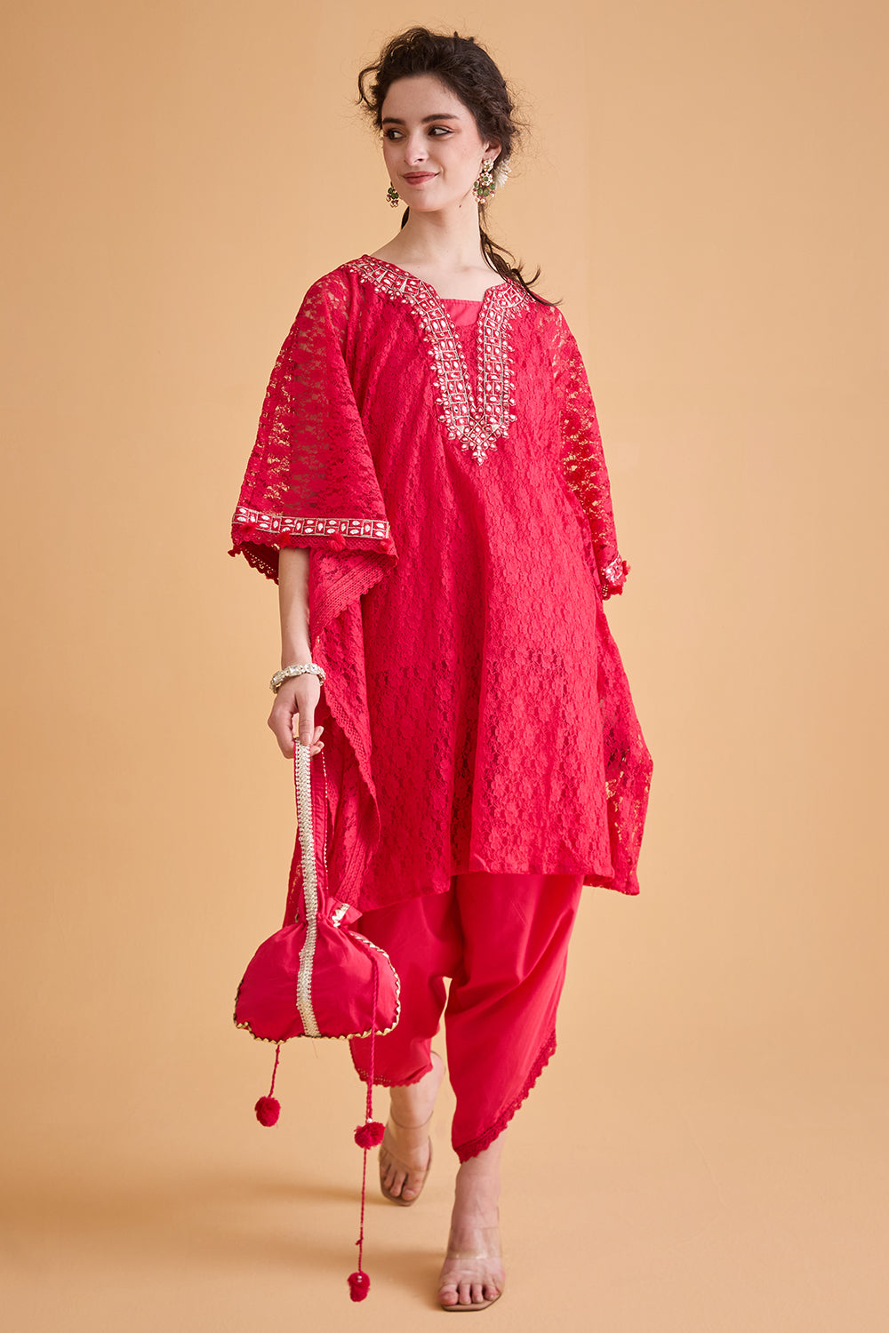 dhartii  Pink Embroidered Fusion Kaftan Set