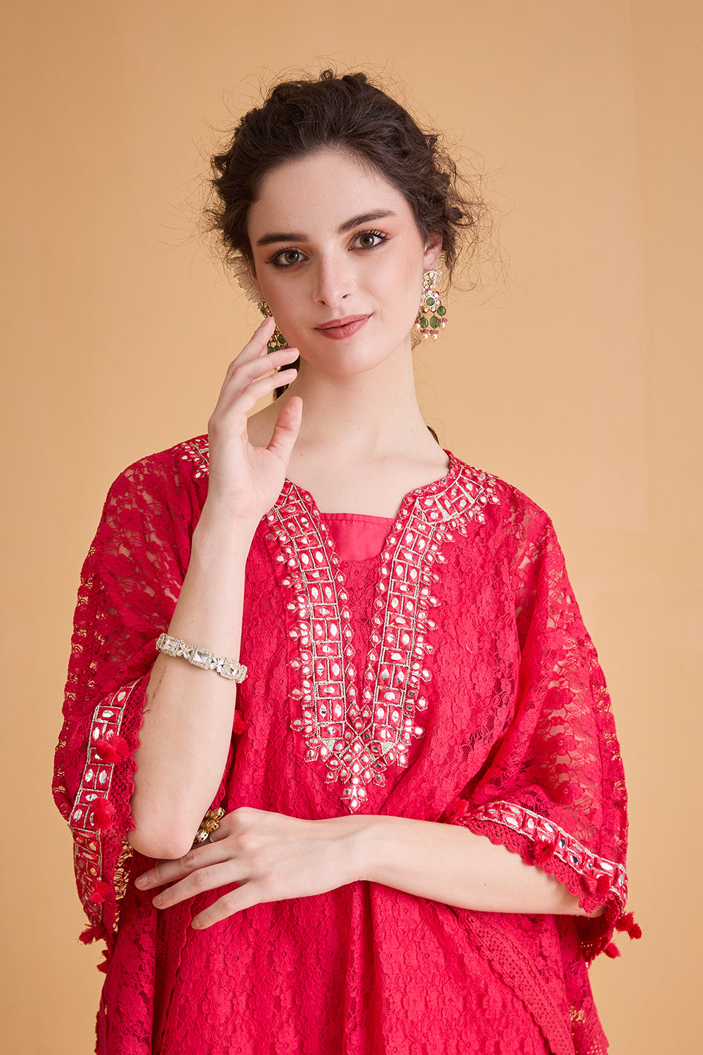 dhartii  Pink Embroidered Fusion Kaftan Set