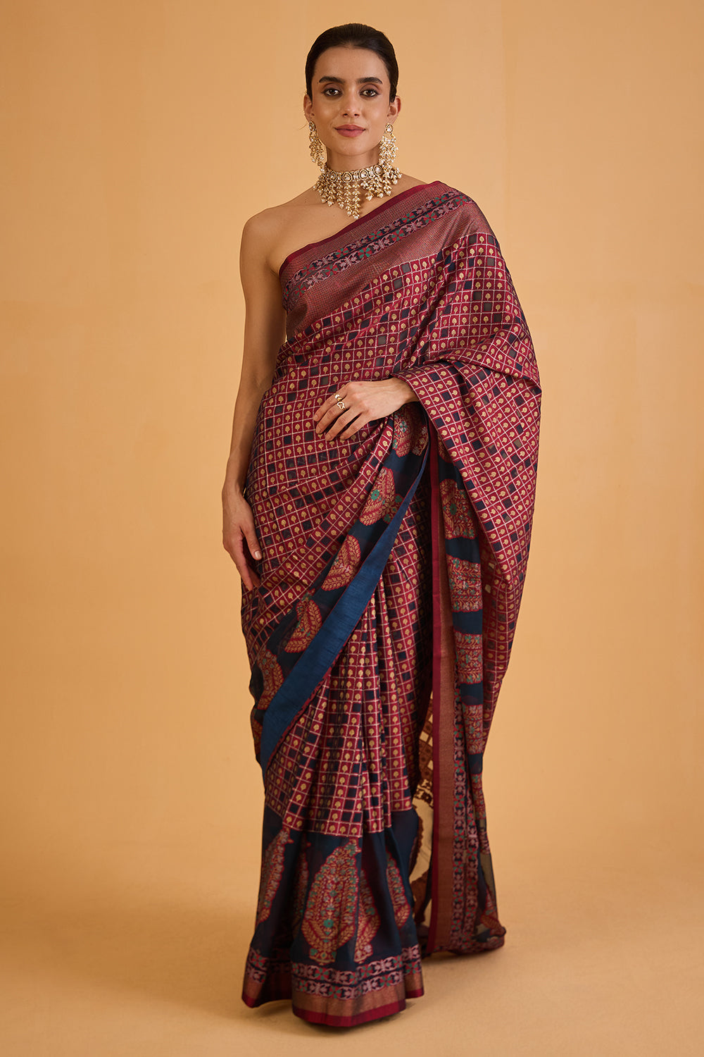 dhartii  Midnight Blue Motif Crepe Saree