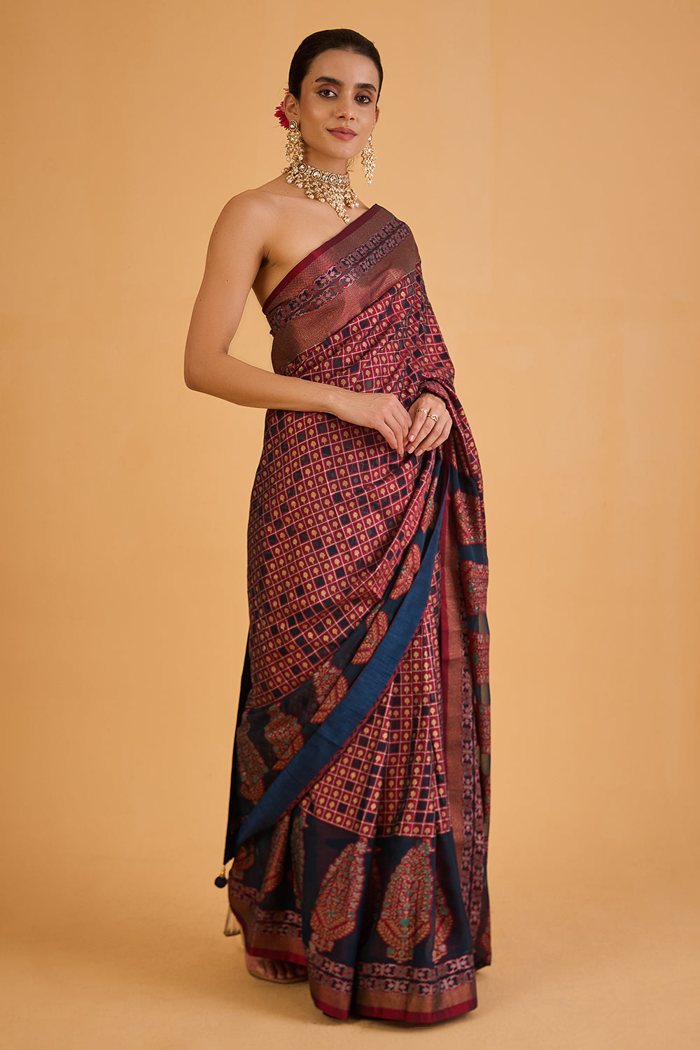 dhartii  Midnight Blue Motif Crepe Saree