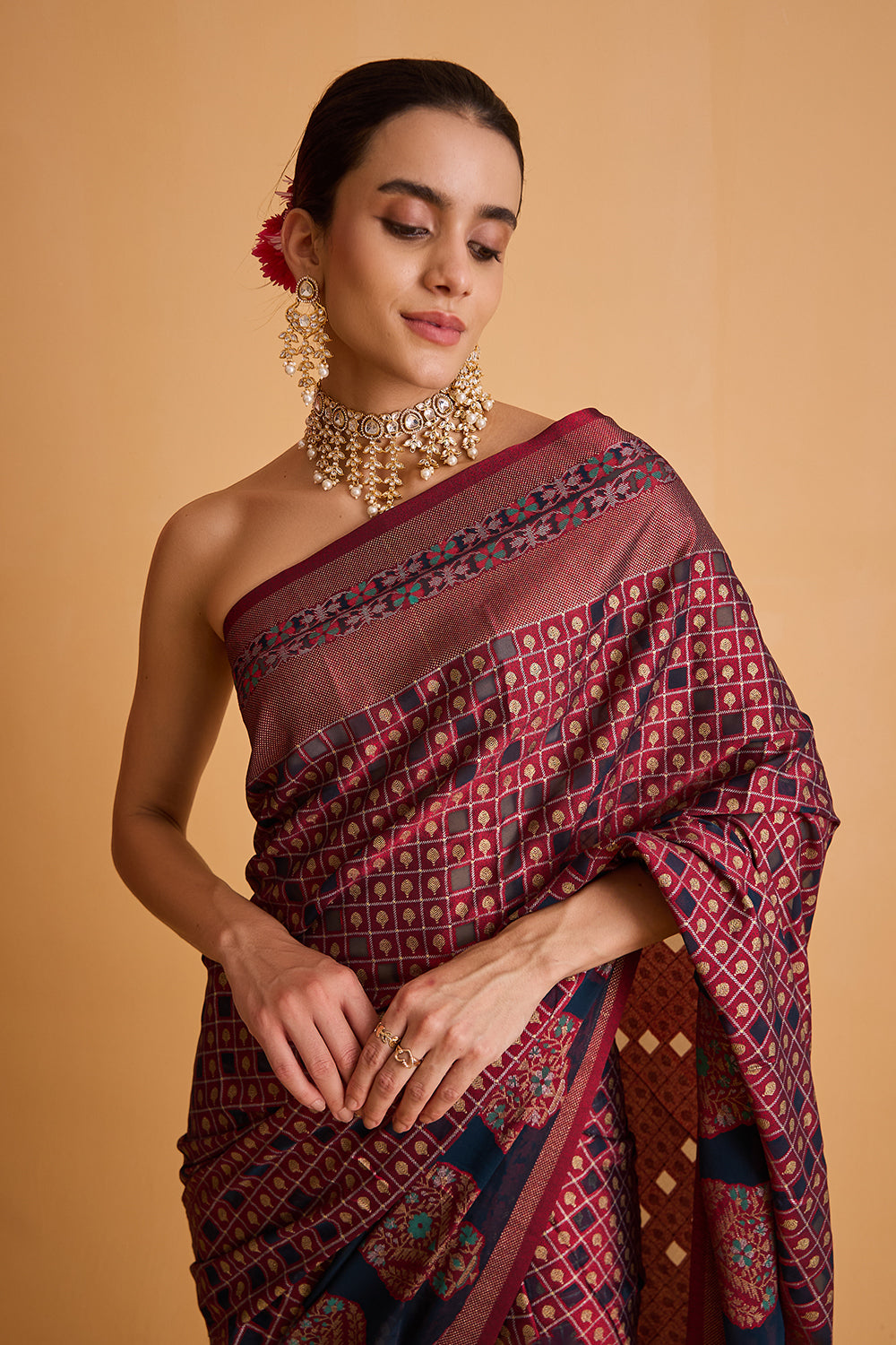 dhartii  Midnight Blue Motif Crepe Saree