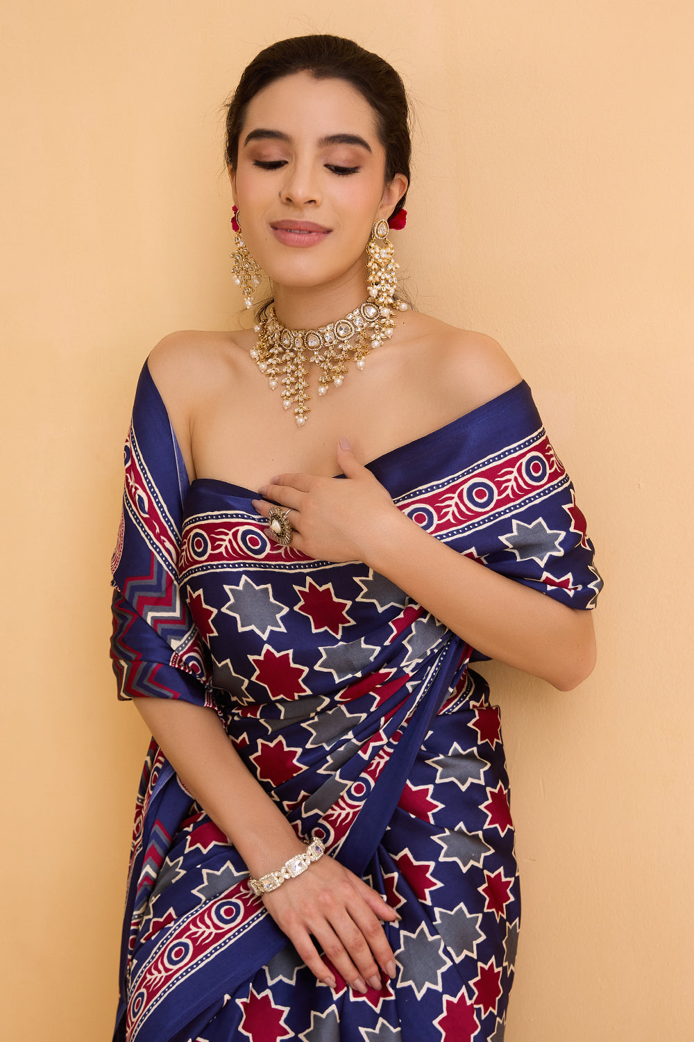 dhartii  Indigo Blue Print Natural Crepe Saree