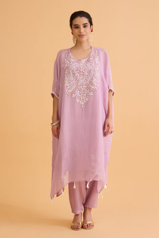 dhartii Soft lavender Embroidered Crepe Kaftan Set