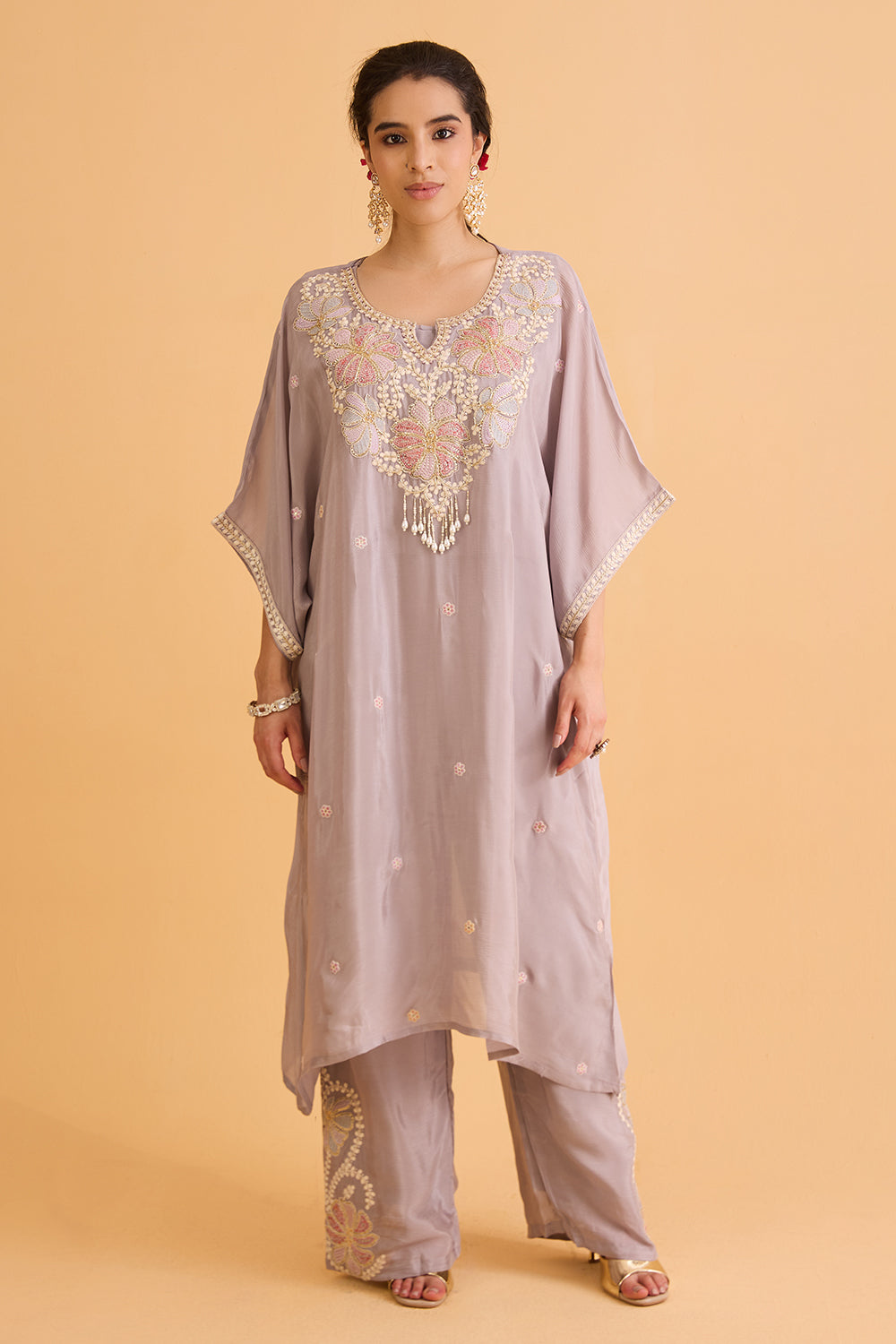 dhartii Soft Elegant Grey Embroidered Chinon Co-Ord Set