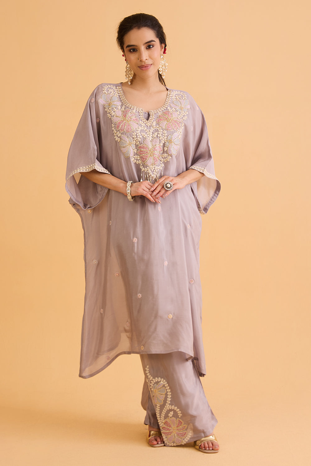 dhartii Soft Elegant Grey Embroidered Chinon Co-Ord Set