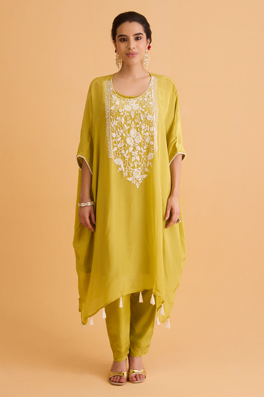 dhartii Yellow Embroidered Natural Crepe Kaftan Set