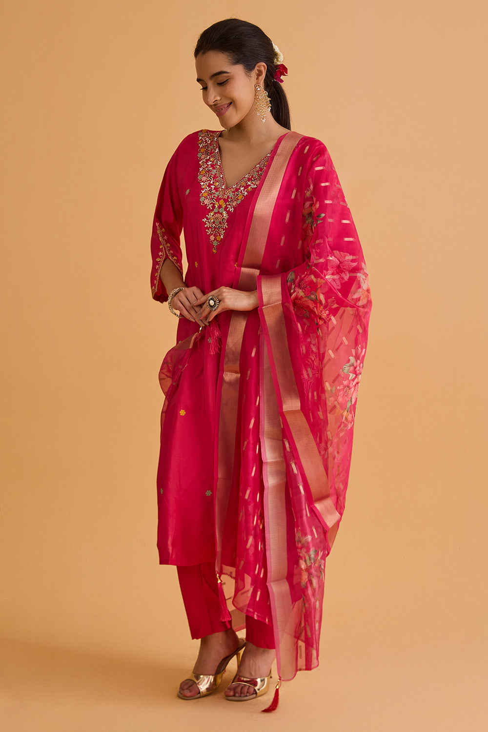 dhartii  metallic Pink Embroidered Silk Tissue Kurta Set