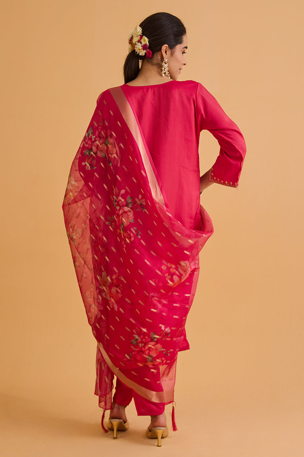 dhartii  metallic Pink Embroidered Silk Tissue Kurta Set