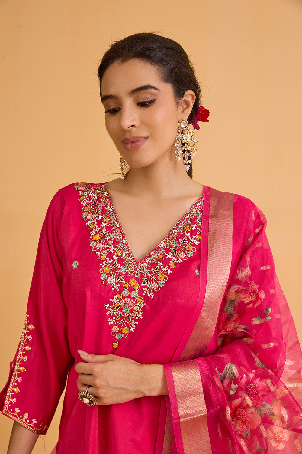 dhartii  metallic Pink Embroidered Silk Tissue Kurta Set